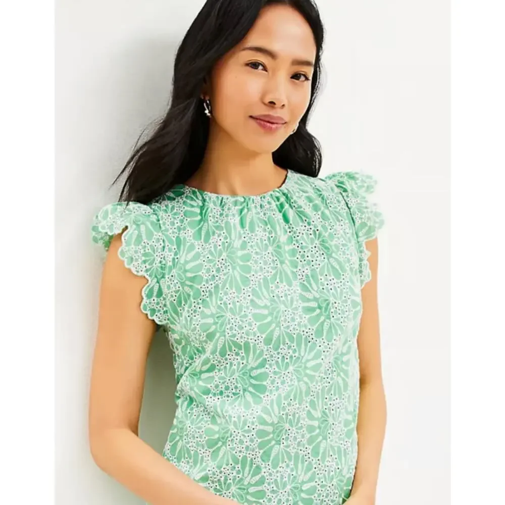 Loft Eyelet Shift Dress Short Flutter Sleeve Womens Size 6 Green White New